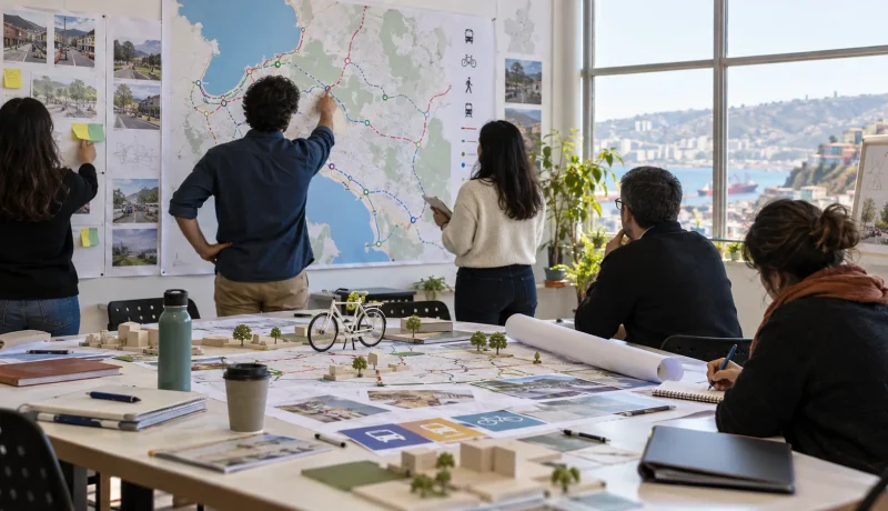 Equipo técnico trabaja con mapas y modelos de movilidad urbana en una imagen editorial referencial