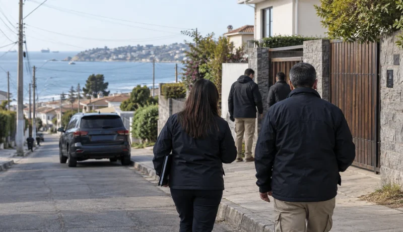 Equipo investigador se aproxima a una vivienda durante un procedimiento en una imagen editorial referencial