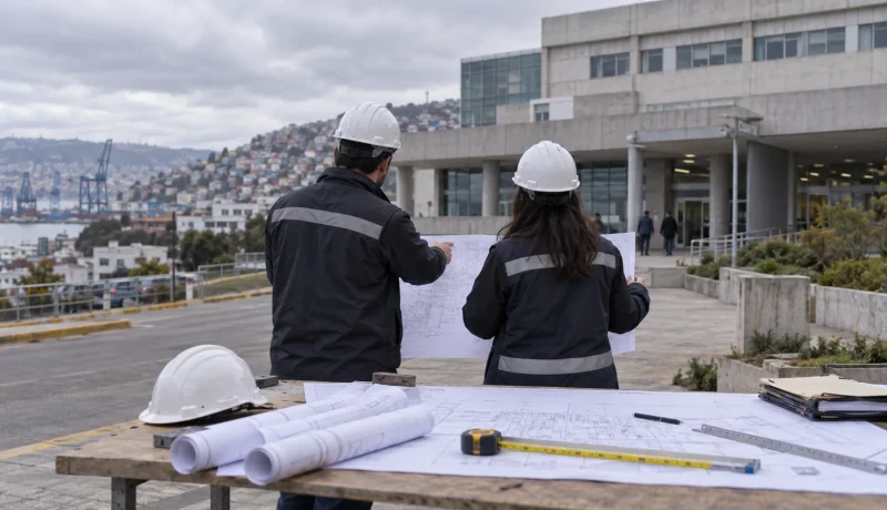 Profesionales revisan planos de infraestructura frente a un hospital en una imagen editorial referencial