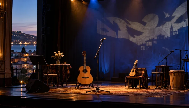 Escenario teatral con guitarras y micrófonos preparado para un concierto en una imagen editorial referencial