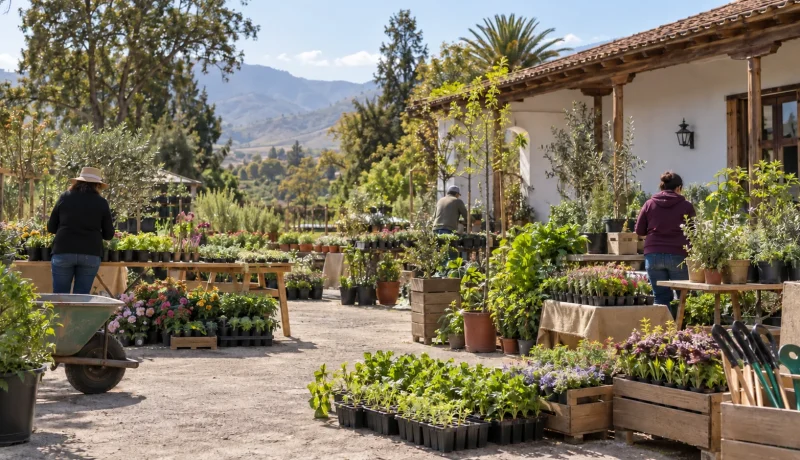 Viveristas preparan plantas y almácigos en el patio de una casona rural en una imagen editorial referencial