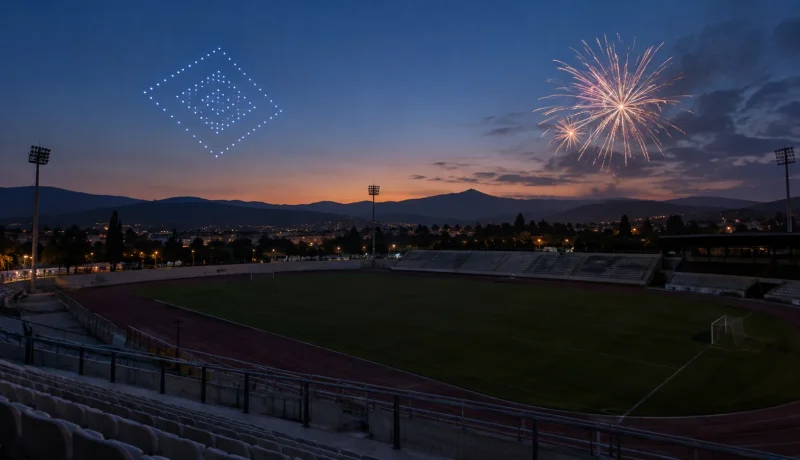 Representación editorial de las alternativas de drones y fuegos artificiales sobre un estadio vacío al anochecer