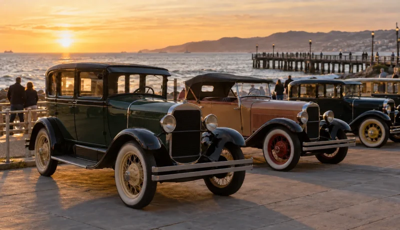 Automóviles de fines de la década de 1920 en una exhibición patrimonial junto al borde costero, imagen editorial referencial