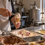 Trabajadora sirve helados en un taller artesanal frente a la costa central en una imagen editorial referencial