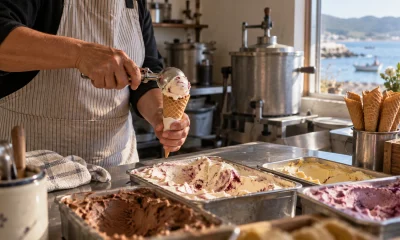 Trabajadora sirve helados en un taller artesanal frente a la costa central en una imagen editorial referencial