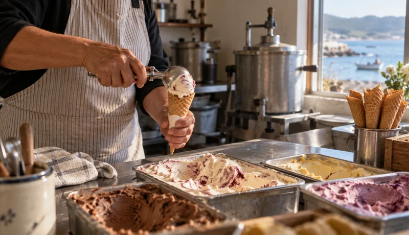 Trabajadora sirve helados en un taller artesanal frente a la costa central en una imagen editorial referencial