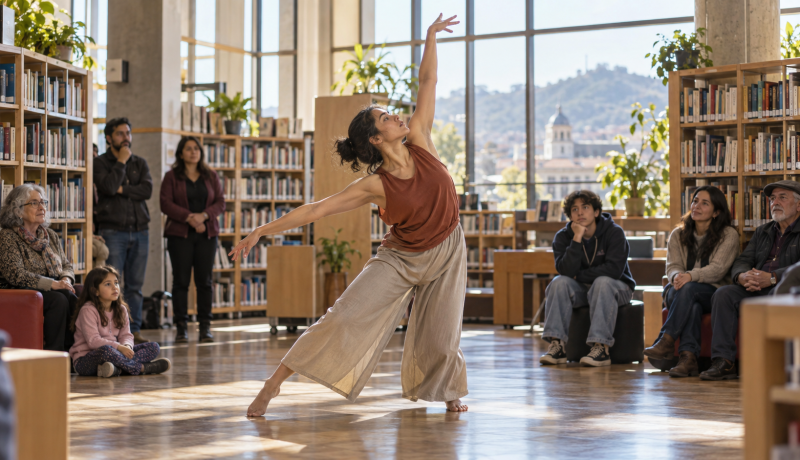 Bailarina contemporánea se presenta ante una comunidad dentro de una biblioteca