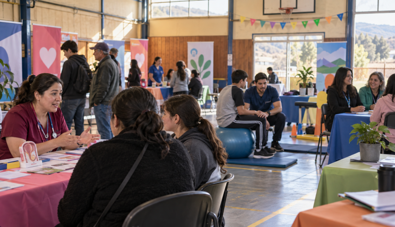 Feria comunitaria de salud en el gimnasio de un establecimiento educacional