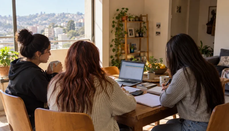 Ilustración editorial de tres mujeres jóvenes organizando estudios y presupuesto en una vivienda compartida