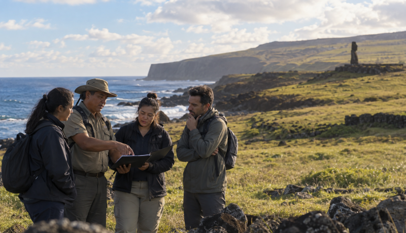 Guías turísticos revisan material de trabajo junto a la costa de Rapa Nui en una imagen editorial