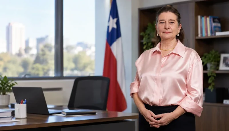 Antonella Pecchenino, directora nacional de INDAP, en una oficina junto a la bandera de Chile