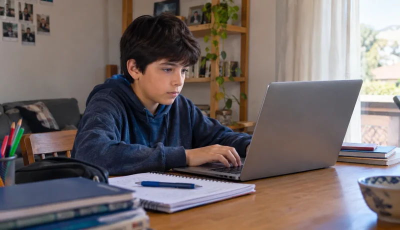 Estudiante de séptimo básico utiliza un computador portátil para realizar una tarea escolar