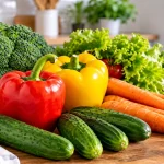 Brócoli, pimentones, zanahorias, pepinos, lechuga y tomates frescos sobre una mesa de cocina