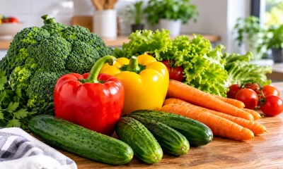 Brócoli, pimentones, zanahorias, pepinos, lechuga y tomates frescos sobre una mesa de cocina