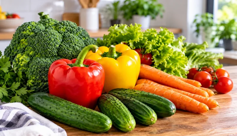 Brócoli, pimentones, zanahorias, pepinos, lechuga y tomates frescos sobre una mesa de cocina