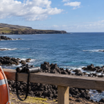 Equipo de observación costera frente a una bahía de Rapa Nui
