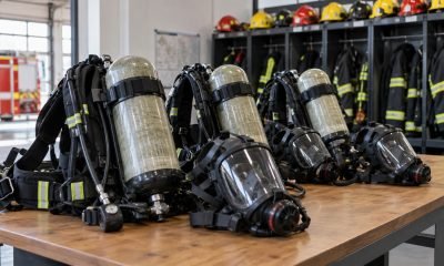 Equipos de respiración autónoma dispuestos en un cuartel de bomberos