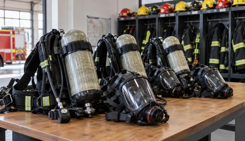 Equipos de respiración autónoma dispuestos en un cuartel de bomberos