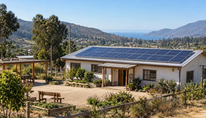 Centro comunitario con paneles solares en un paisaje de la Región de Valparaíso