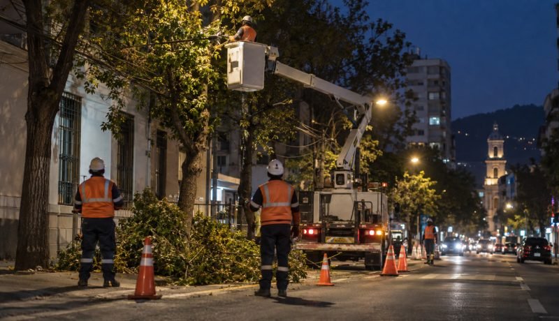 Cuadrilla realiza poda preventiva junto a una red eléctrica durante la noche