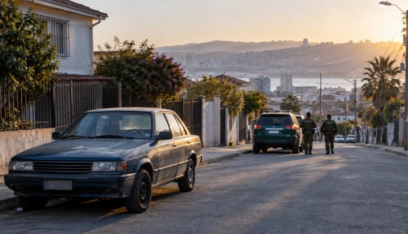 Automóvil antiguo estacionado en una calle con personal de seguridad a distancia