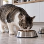 Gato come alimento seco desde un cuenco en una cocina