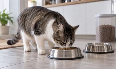 Gato come alimento seco desde un cuenco en una cocina