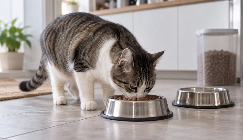 Gato come alimento seco desde un cuenco en una cocina