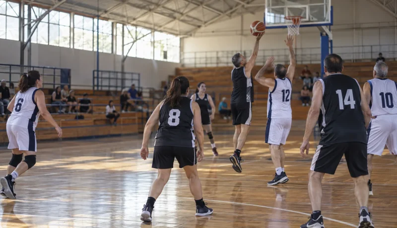 Personas adultas disputan un partido de básquetbol en un gimnasio comunitario