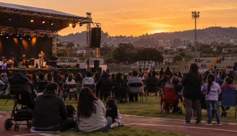 Festival de música comunitario en un estadio municipal al atardecer