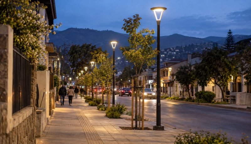 Luminarias peatonales encendidas al atardecer en una avenida urbana de la zona central de Chile