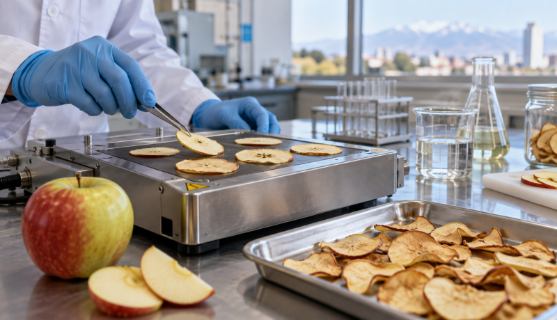 Investigadora manipula láminas de manzana durante una prueba de deshidratación en laboratorio