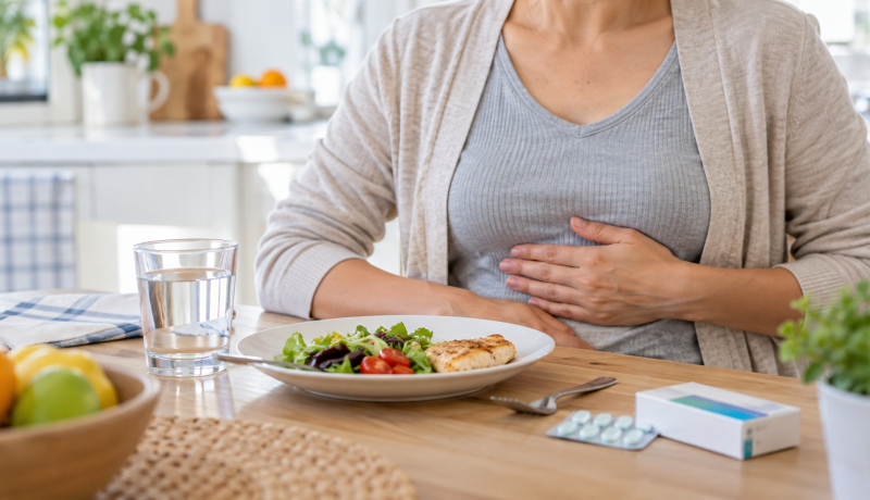 Persona con molestia en la parte alta del abdomen frente a una comida ligera y agua