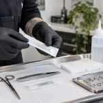 Profesional con guantes organiza material estéril y joyería para una perforación corporal segura