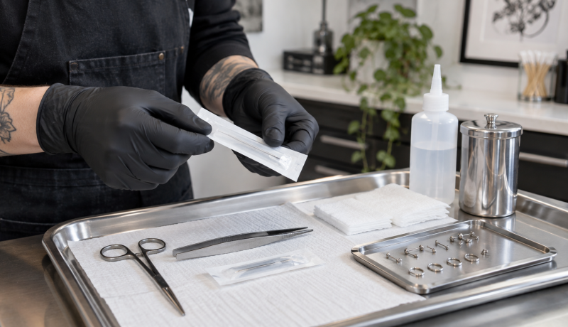 Profesional con guantes organiza material estéril y joyería para una perforación corporal segura