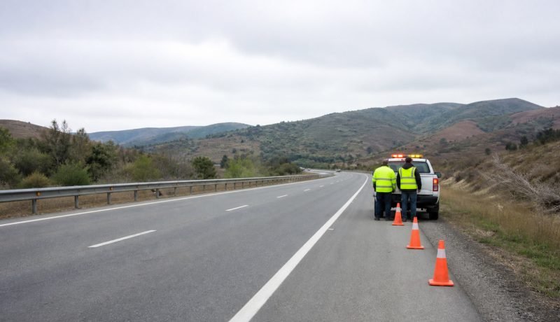 Vehículo de asistencia y conos de seguridad en la berma de una carretera