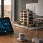 Modelo de edificio conectado a un tablet y sensores tecnológicos genéricos