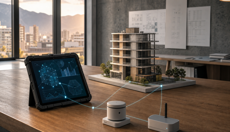 Modelo de edificio conectado a un tablet y sensores tecnológicos genéricos