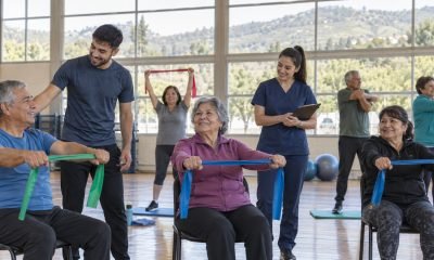 Personas mayores realizan actividad física guiada en un recinto comunitario