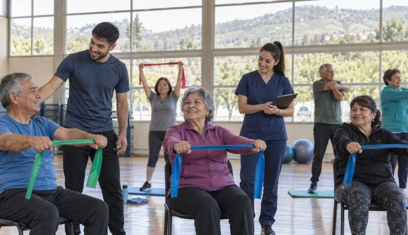 Personas mayores realizan actividad física guiada en un recinto comunitario