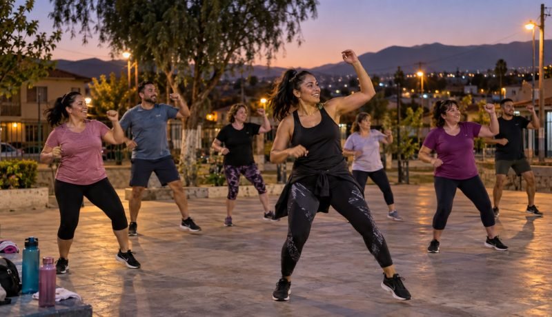 Vecinas y vecinos participan en una clase comunitaria de baile y ejercicio al anochecer