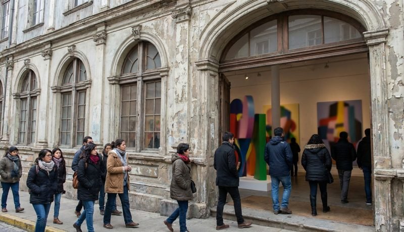 Visitantes recorren una exposición de arte contemporáneo en Valparaíso