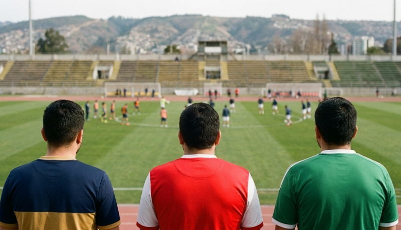 Tres hinchas con colores de clubes de la Región de Valparaíso observan una cancha antes de los partidos del fin de semana