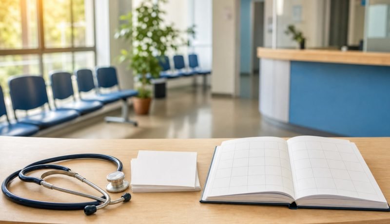 Mesón de recepción clínica con tarjetas de cita y un calendario sin datos personales