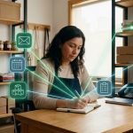 Emprendedora de una pequeña empresa coordinando correo, agenda, inventario y tareas con un agente de inteligencia artificial