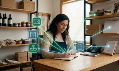Emprendedora de una pequeña empresa coordinando correo, agenda, inventario y tareas con un agente de inteligencia artificial