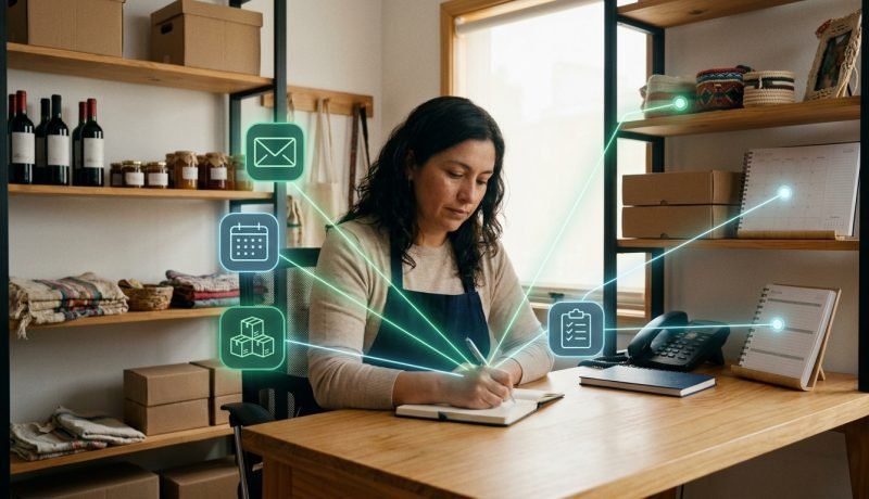 Emprendedora de una pequeña empresa coordinando correo, agenda, inventario y tareas con un agente de inteligencia artificial