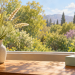 Ilustración de una caja de pañuelos y espigas junto a una ventana abierta hacia un jardín