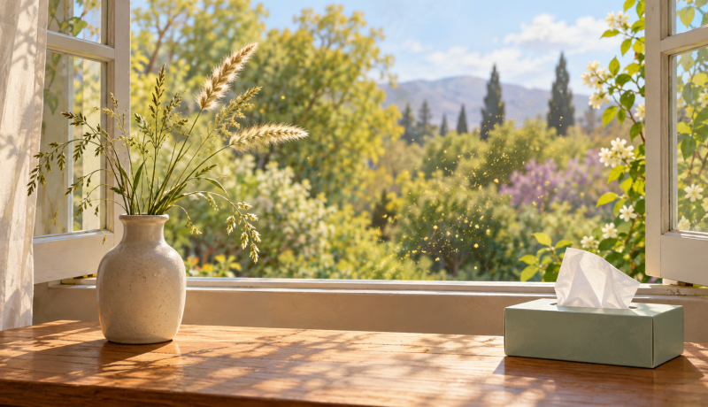 Ilustración de una caja de pañuelos y espigas junto a una ventana abierta hacia un jardín