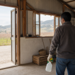 Persona ventila y limpia una bodega rural para prevenir el hantavirus